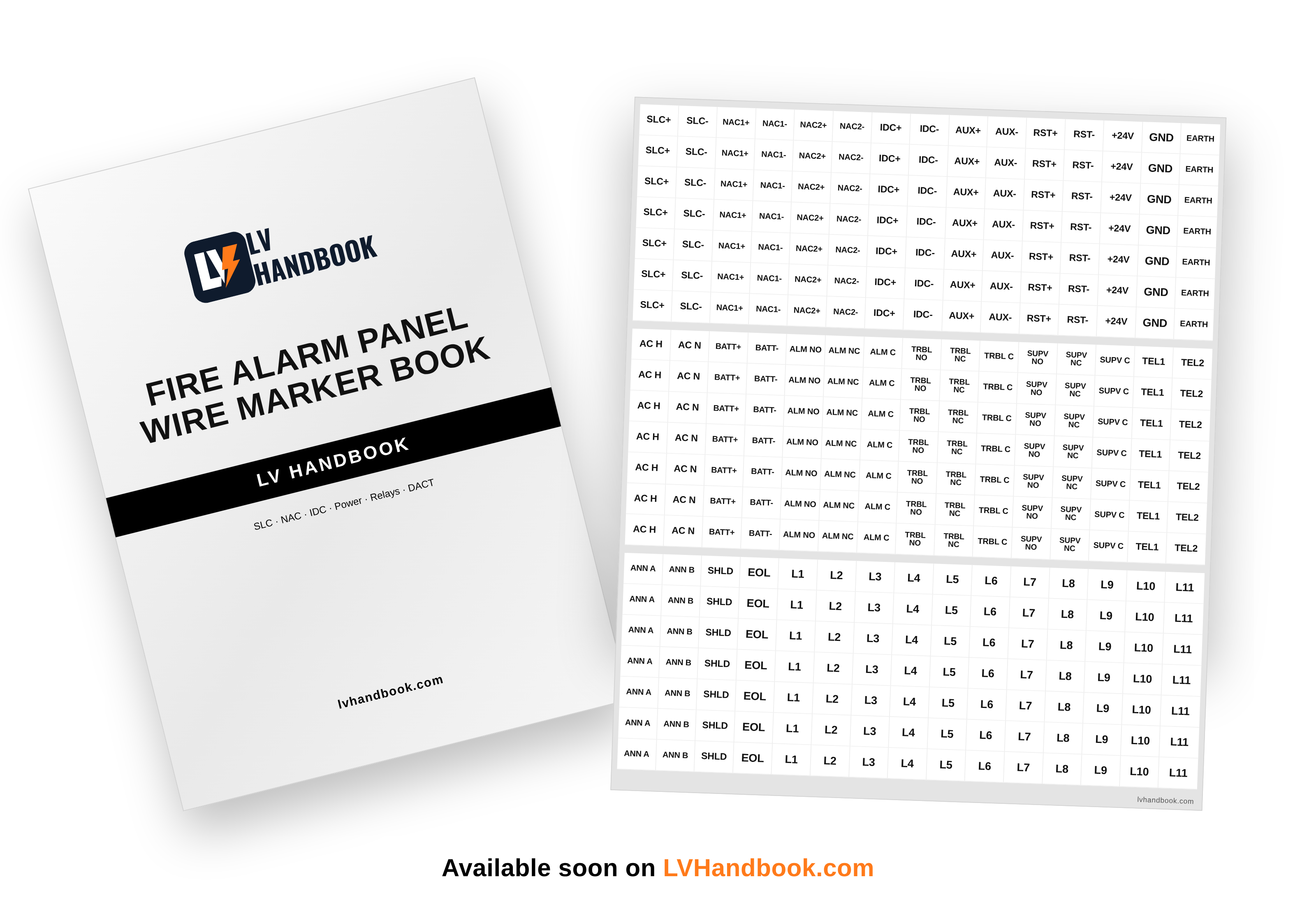 Fire Alarm Panel Wire Marker Book cover with a sheet of SLC, NAC, IDC, power, relay, DACT, annunciator and loop L1 to L11 wrap-around wire labels
